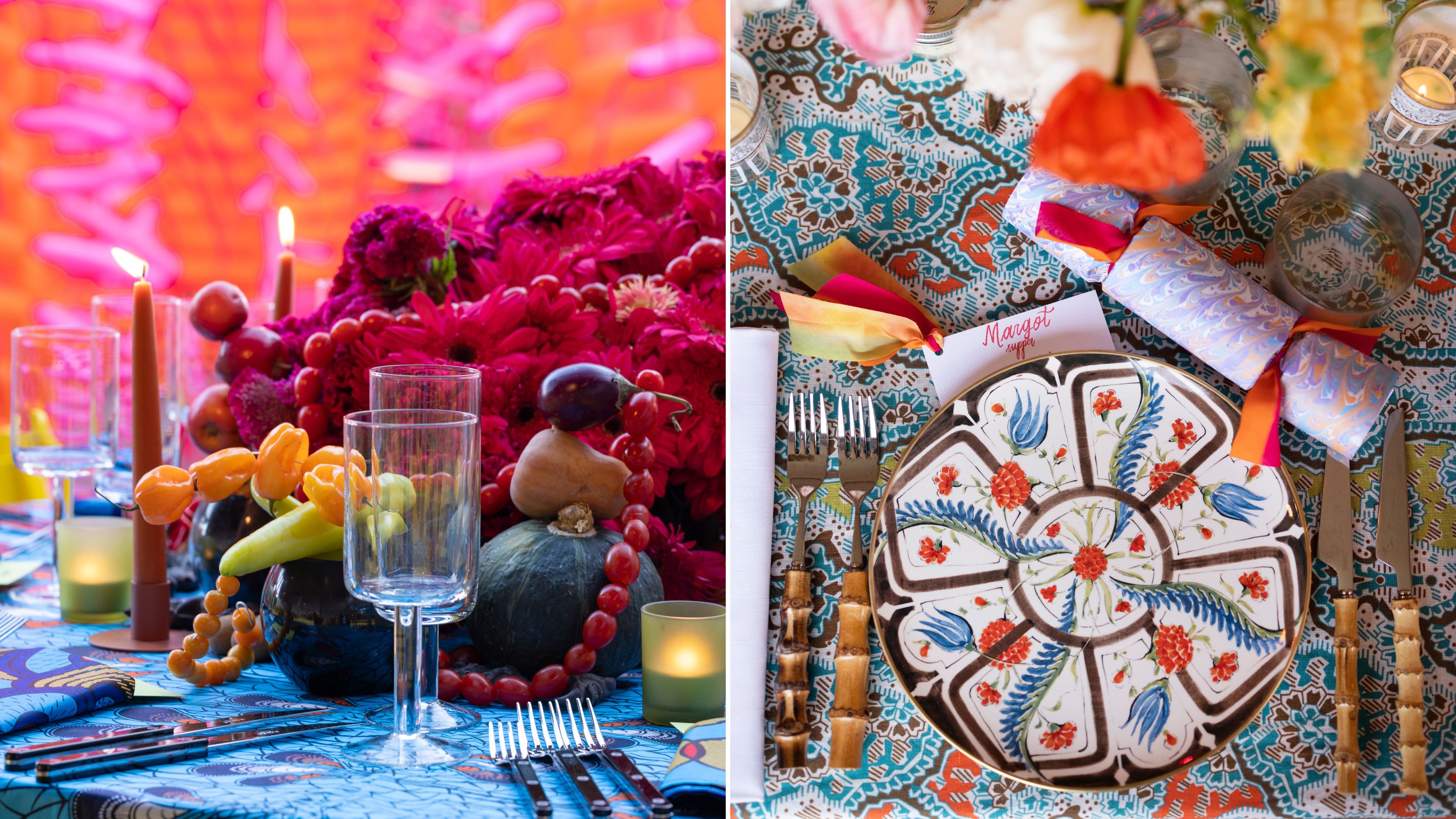 Colorful table settings with fruit, candles and patterned plates