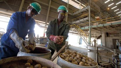 Workers fill barrels with balls of metal ore