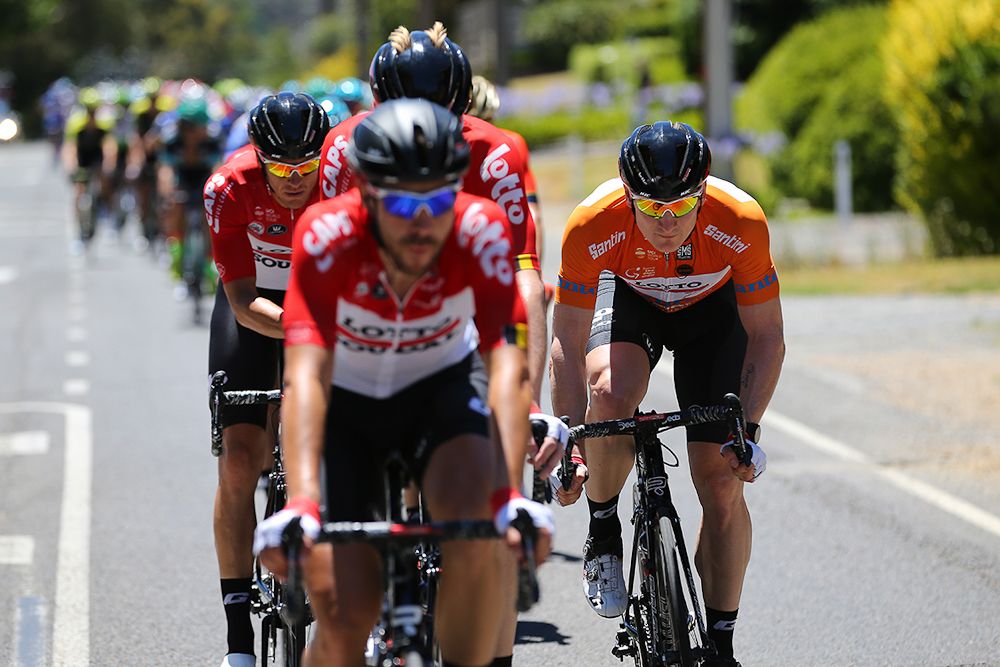 Andre Greipel sits in the Lotto Soudal train in the peloton