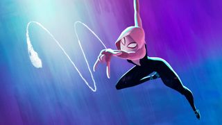 Spider-Gwen schleudert ein Netz nach einem Feind in Spider-Man: Across the Spider-Verse