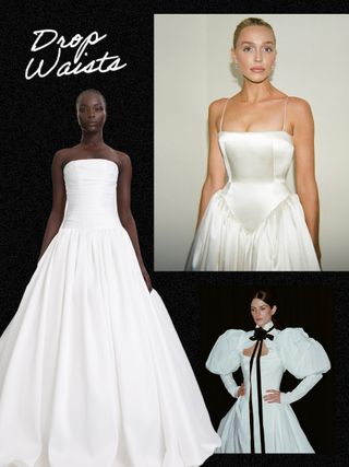 A collage of images featuring drop waist wedding dresses.