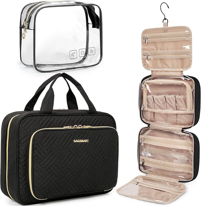 BAGSMART, Bagsmart Toiletry Bag Hanging Travel Makeup Organizer With Tsa Approved Transparent Cosmetic Bag Makeup Bag for Full Sized Toiletries, Medium-Black