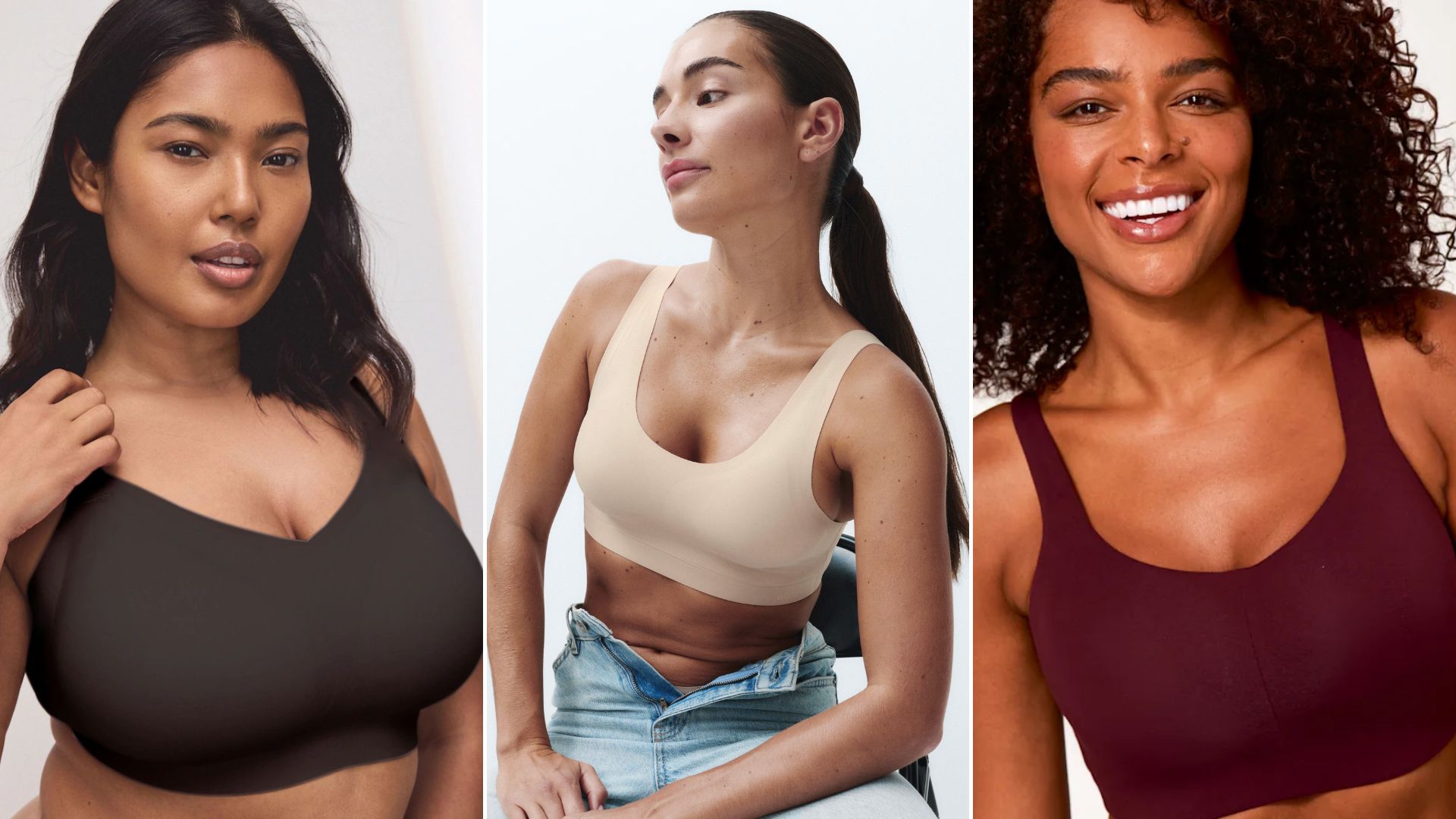  3 models wearing non-wired bras by Next, M&amp;S and Bravissimo 