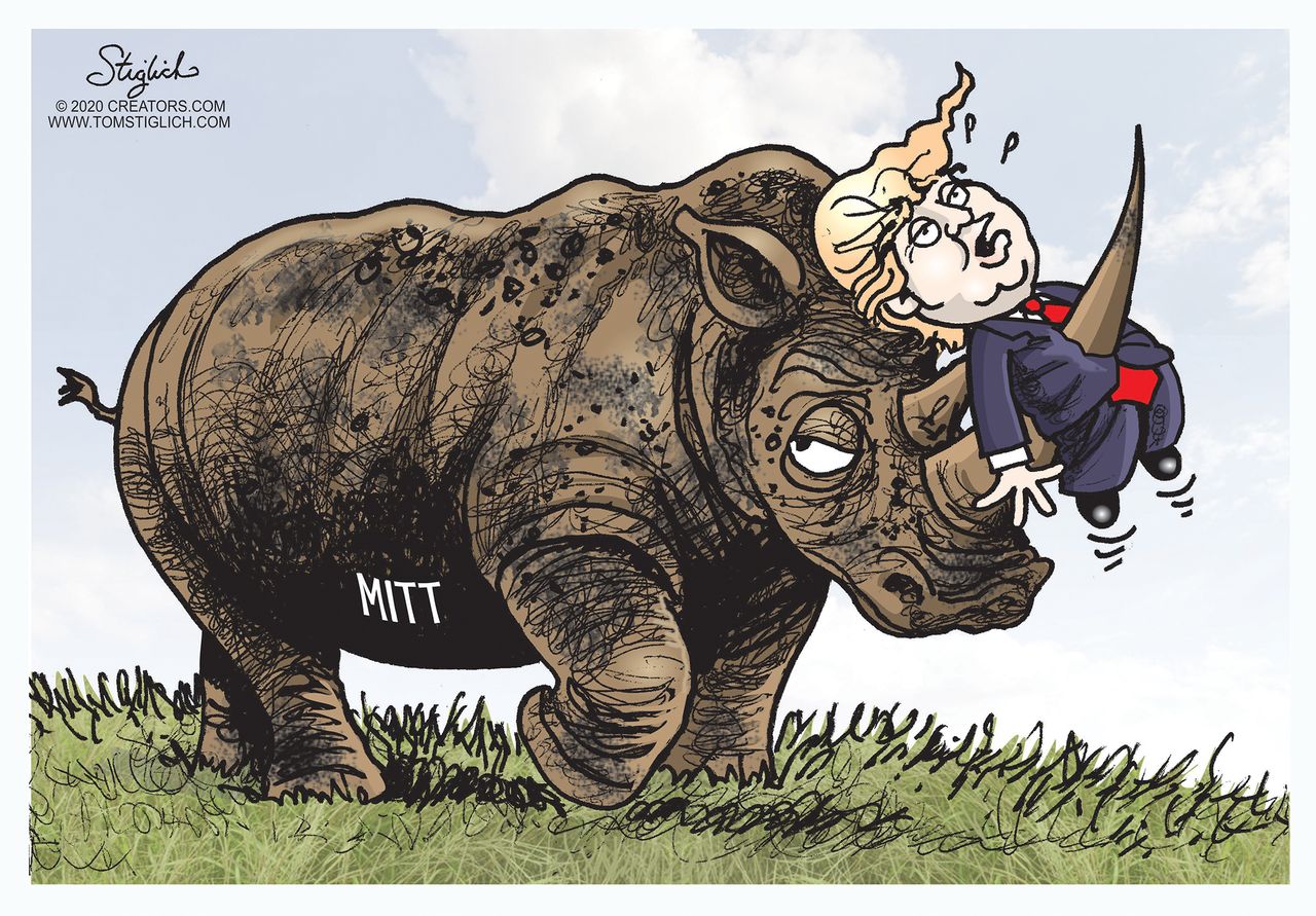 Political Cartoon U.S. Impeachment Rhino Mitt Romney impaling Trump