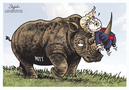 Political Cartoon U.S. Impeachment Rhino Mitt Romney impaling Trump