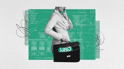 Photo collage of a woman in a suit hiding the logo of OpenAI in her suitcase. In the background, there is a house blueprint