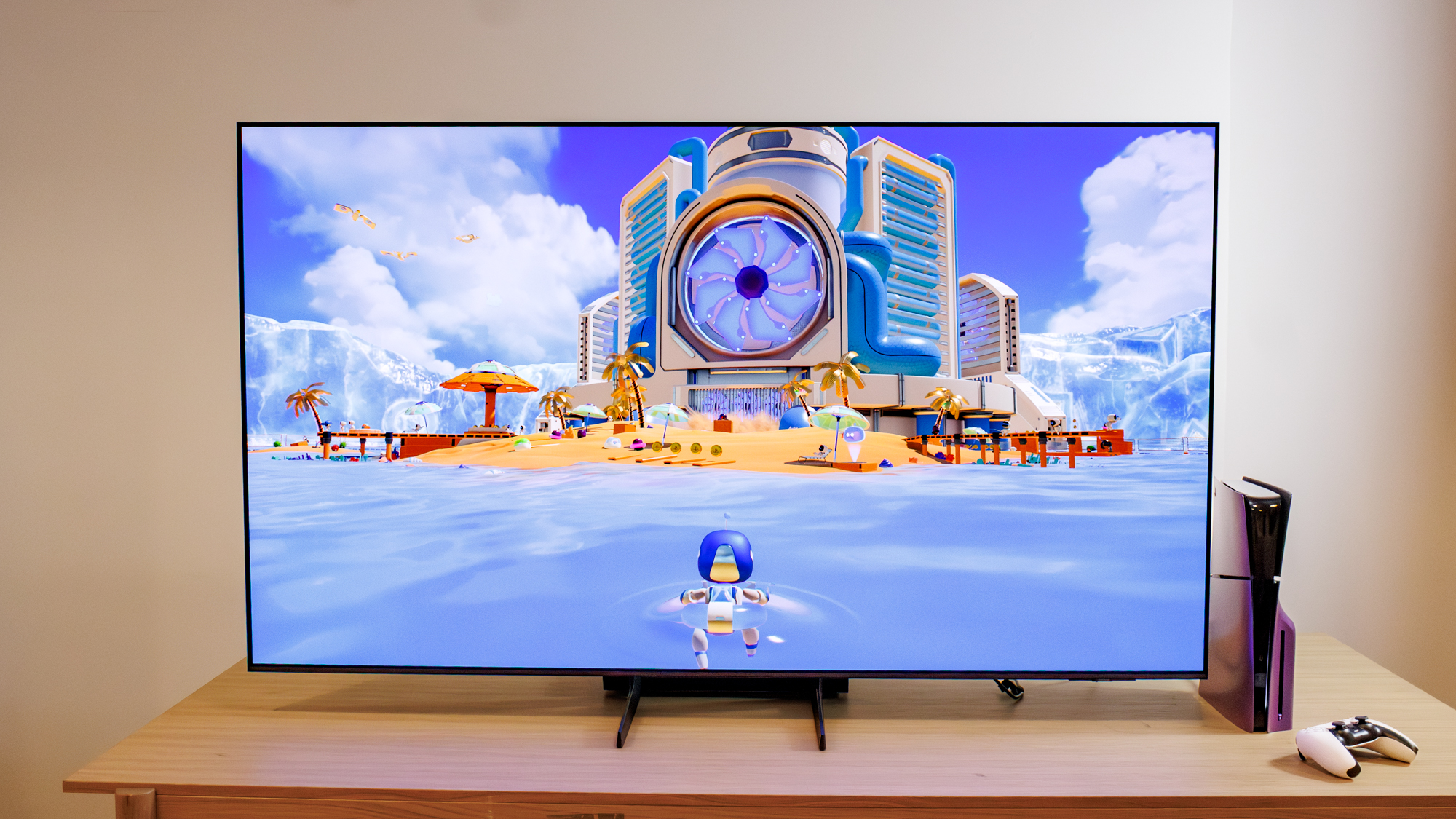 Samsung OLED S85F TV on a table