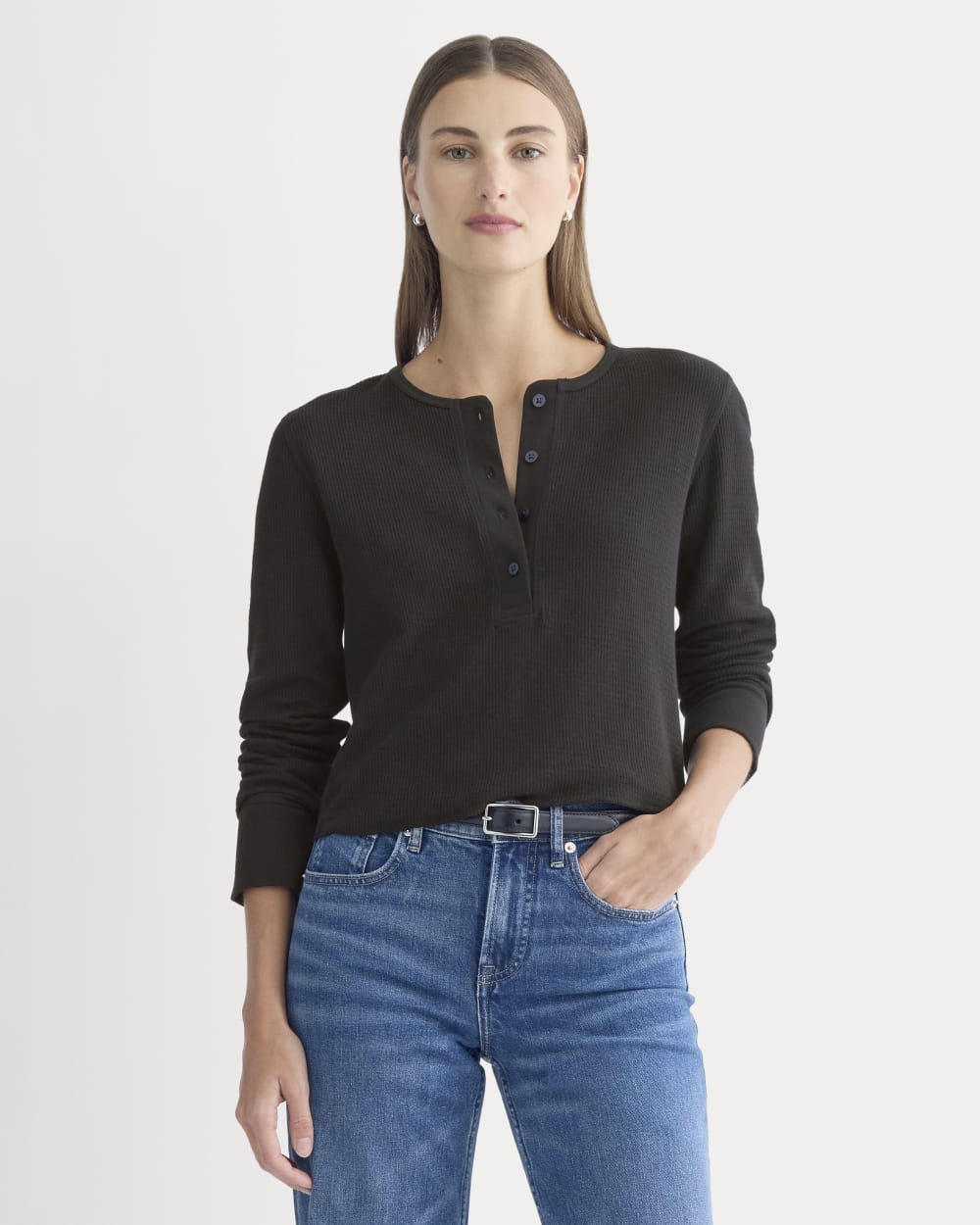 Boxy Henley in Cozy Waffle | Black - Xxs