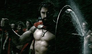 300 Leonidas watches his enemies fall in the rain