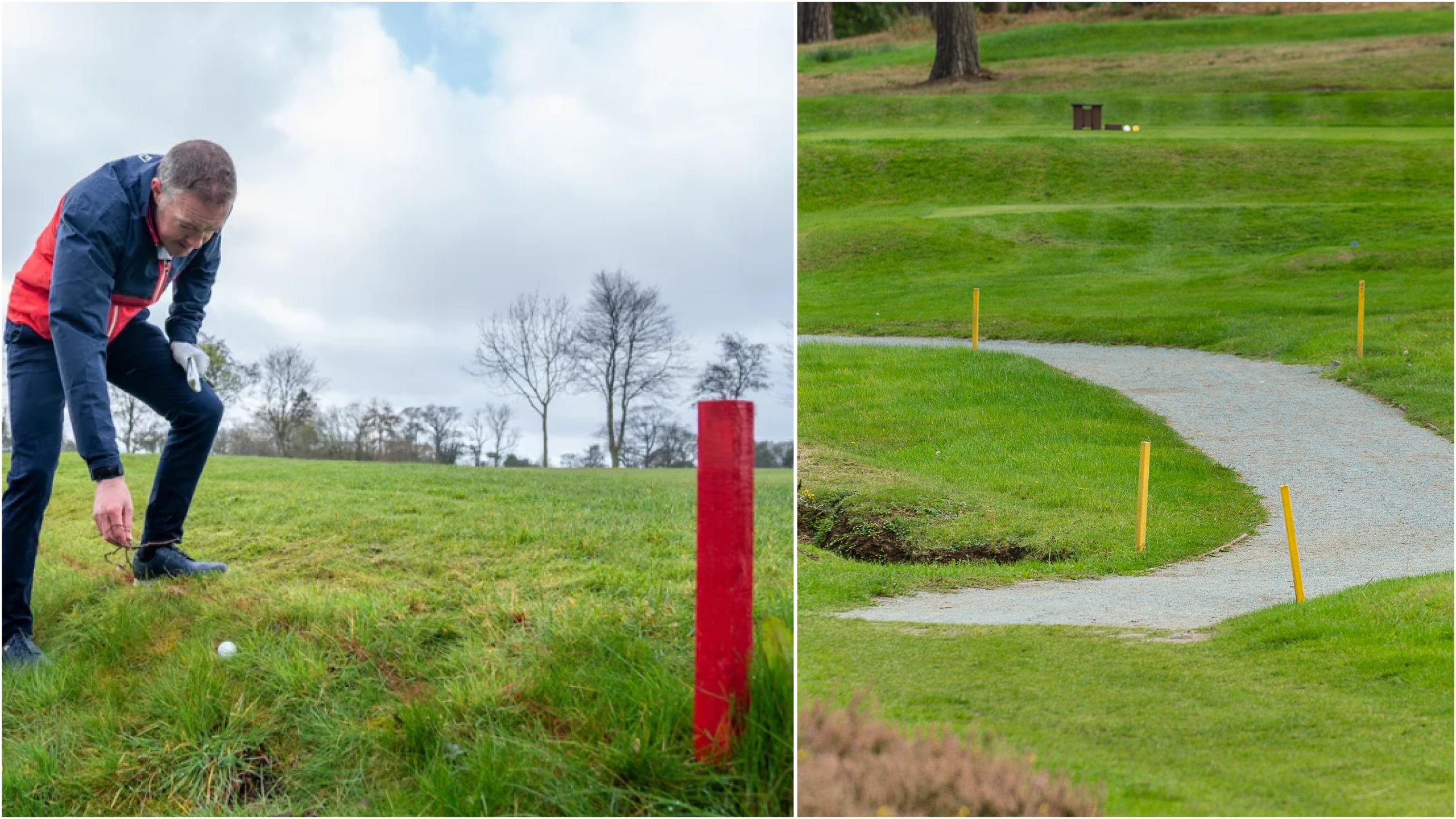 A golfer bending down to pick their ball up in a red penalty area and a general view of a yellow penalty area