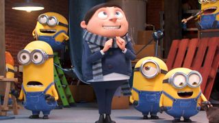 A still image from Minions: Rise of Gru featuring Gru and various minions
