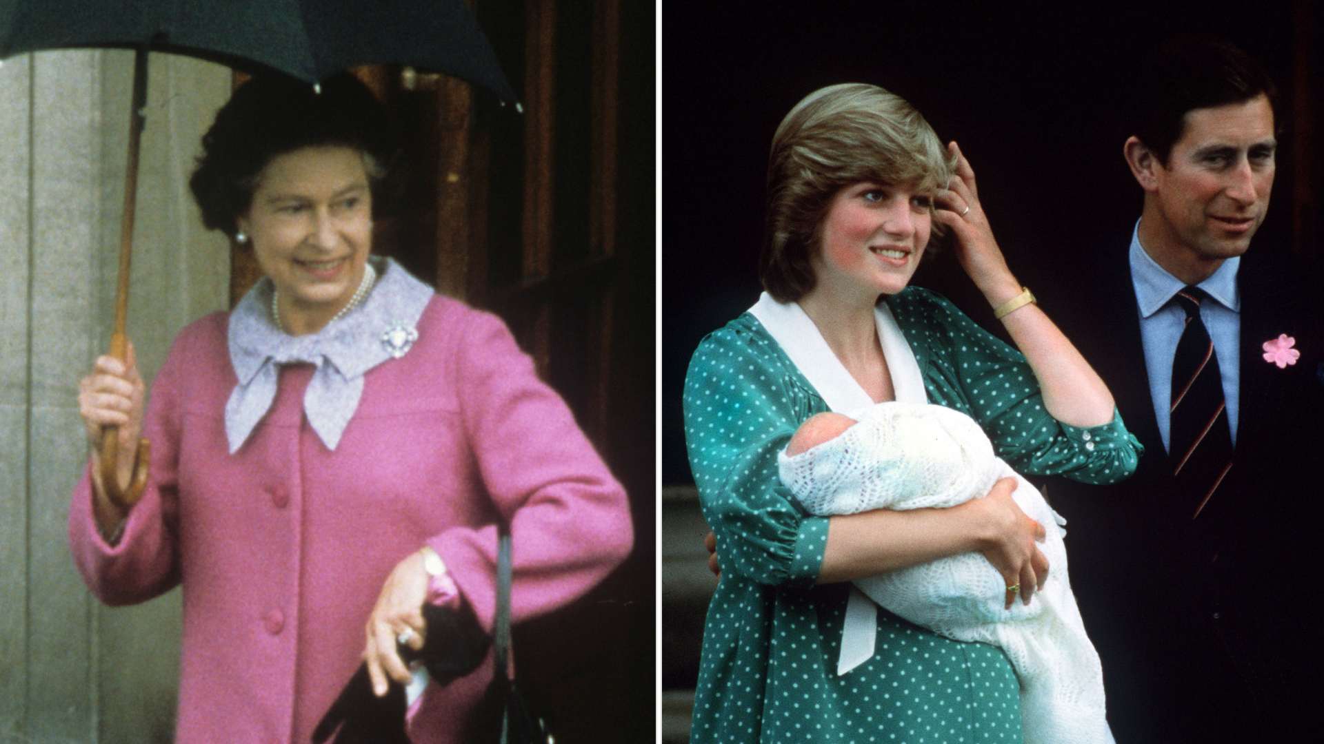 Princess Diana holds baby Prince William outside the Lindo Wing in June 1982 after giving birth, alongside King Charles and Queen Elizabeth