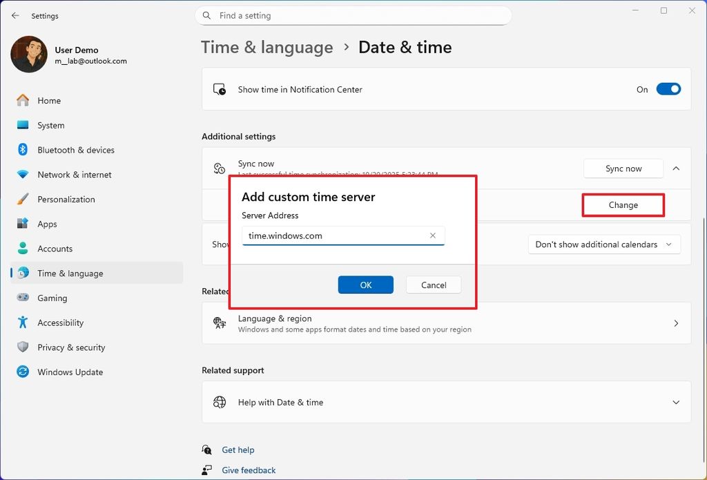 Windows 11 change time server from Settings