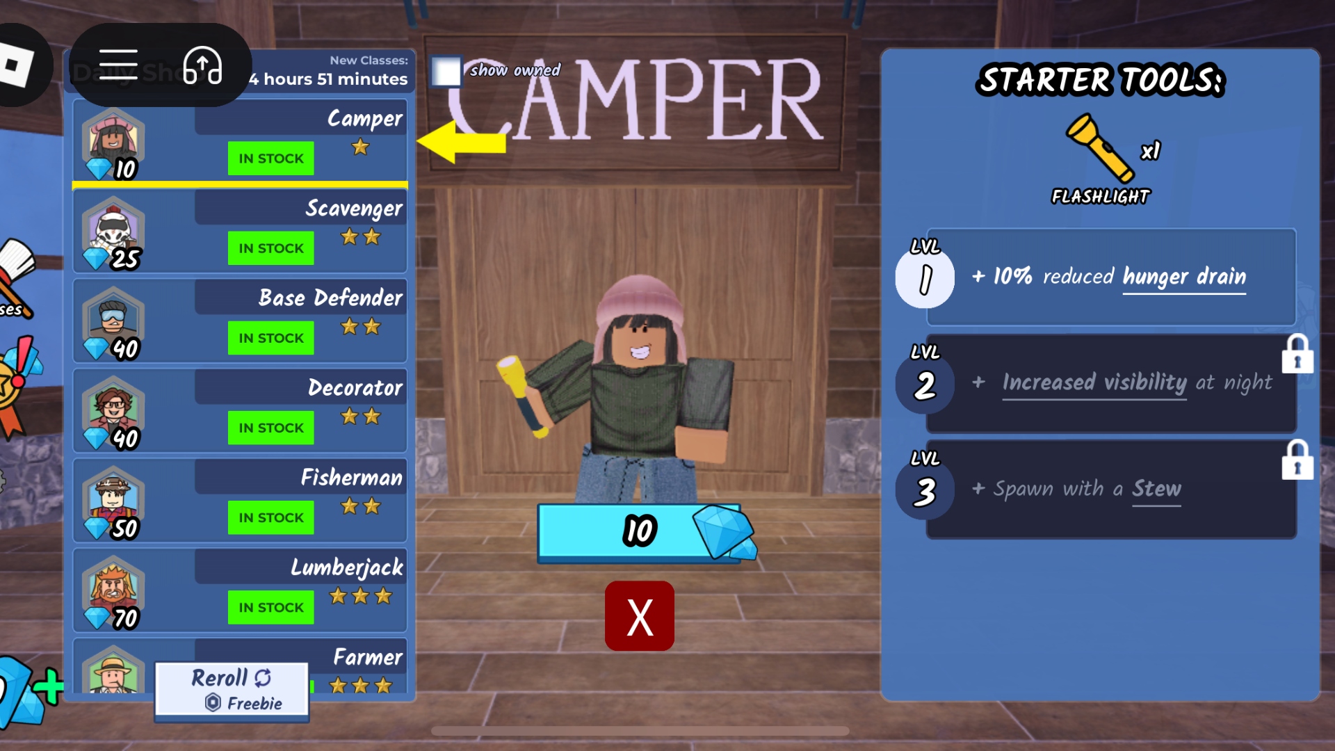 The Camper class available to buy in Roblox&#039;s 99 Nights in the Forest