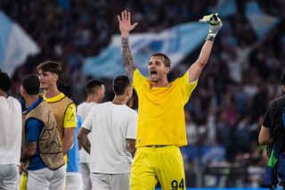 Ivan Provedel of SS Lazio celebrates after scoring a goal to make it 1-1 during the UEFA Champions League match between SS Lazio and Atletico Madr at Stadio Olimpico on September 19, 2023 in Rome, Italy.