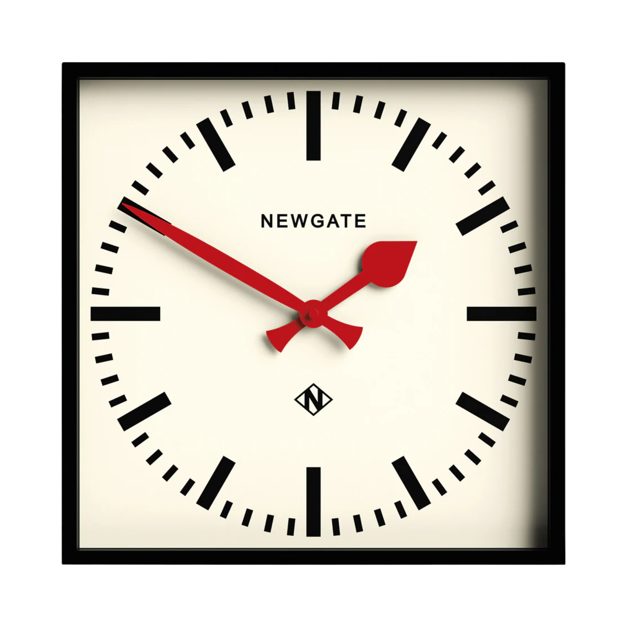 square clock with black hour lines and red hands