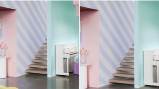 pastel painted hallway with lilac striped wall and aqua and pink walls with a piano and yellow scalloped rug