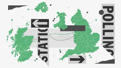 Deconstructed infographic showing UK regions and polling station signs