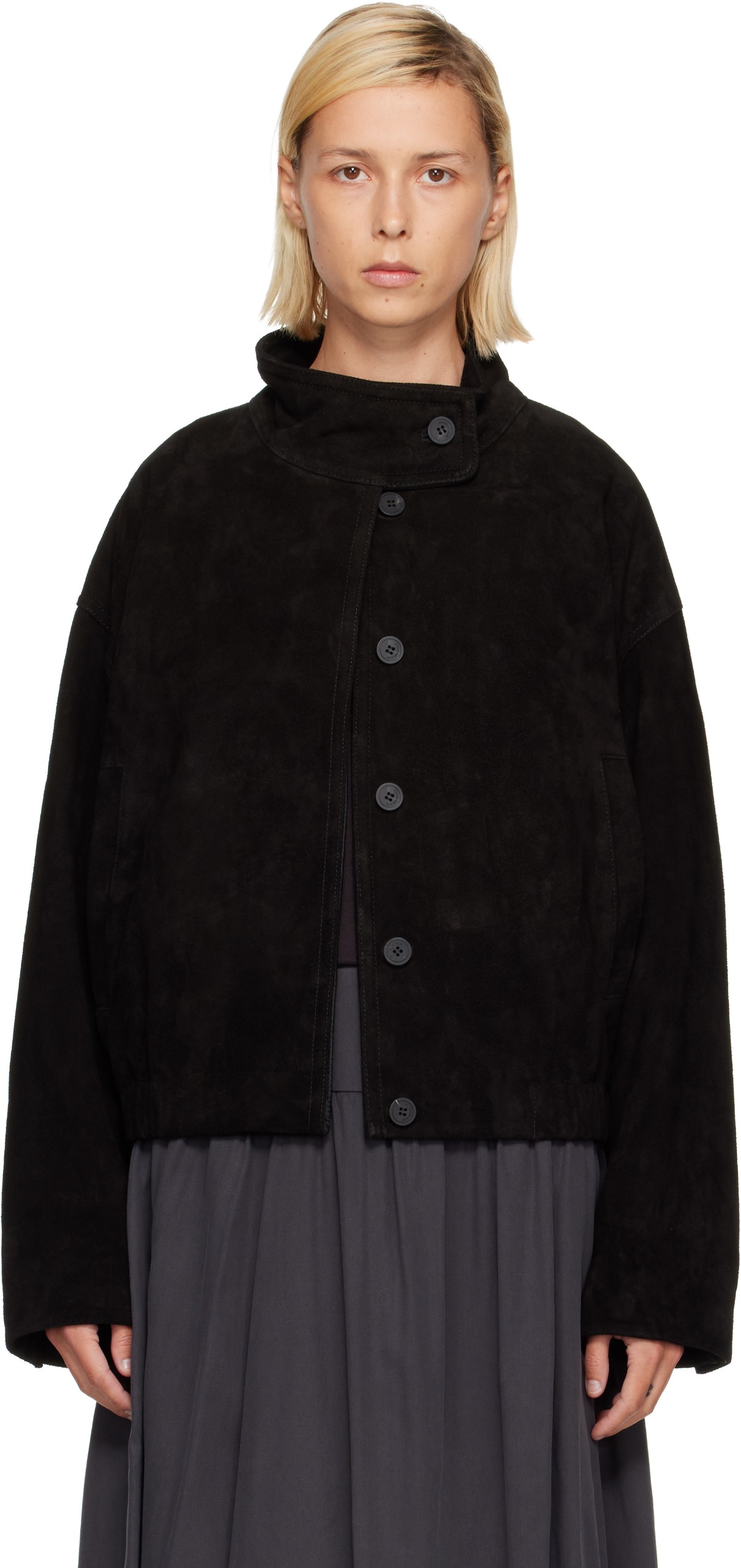 Black Funnel Neck Suede Jacket