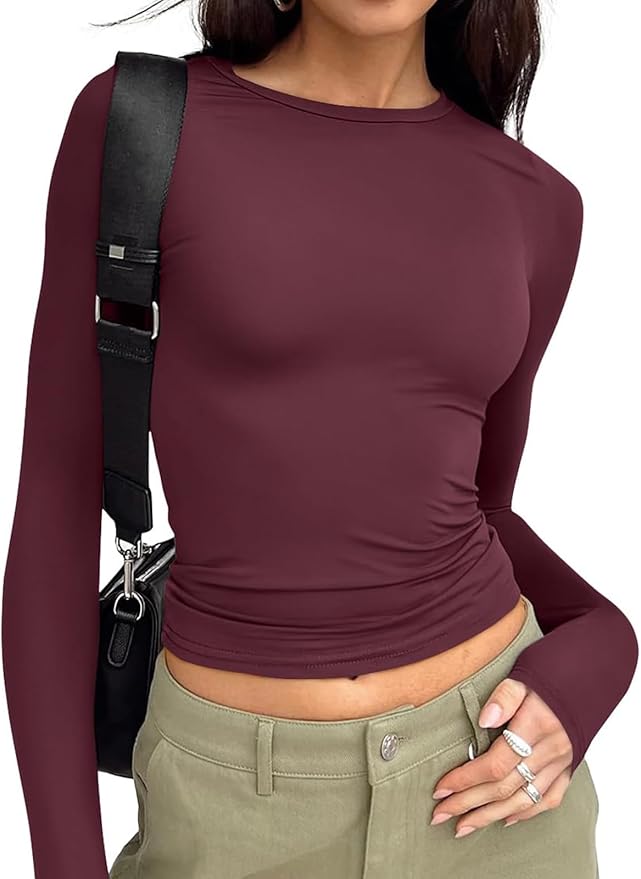 Trendy Queen, Trendy Queen Womens Long Sleeve T Shirts Fall Fashion 2025 Basic Crop Tops Going Out Workout Outfits Y2k Clothes Wine Red S