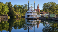 View of Frontierland's steamboat on the Rivers of America at Disneyland