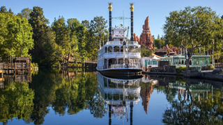 View of Frontierland's steamboat on the Rivers of America at Disneyland