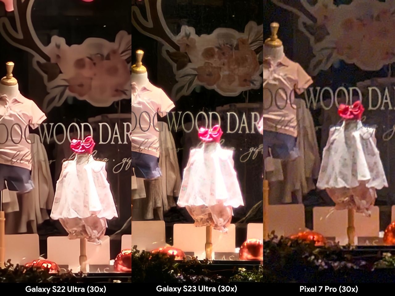 Comparing zoom levels at night between the Samsung Galaxy S23 Ultra, S22 Ultra, and Google Pixel 7 Pro