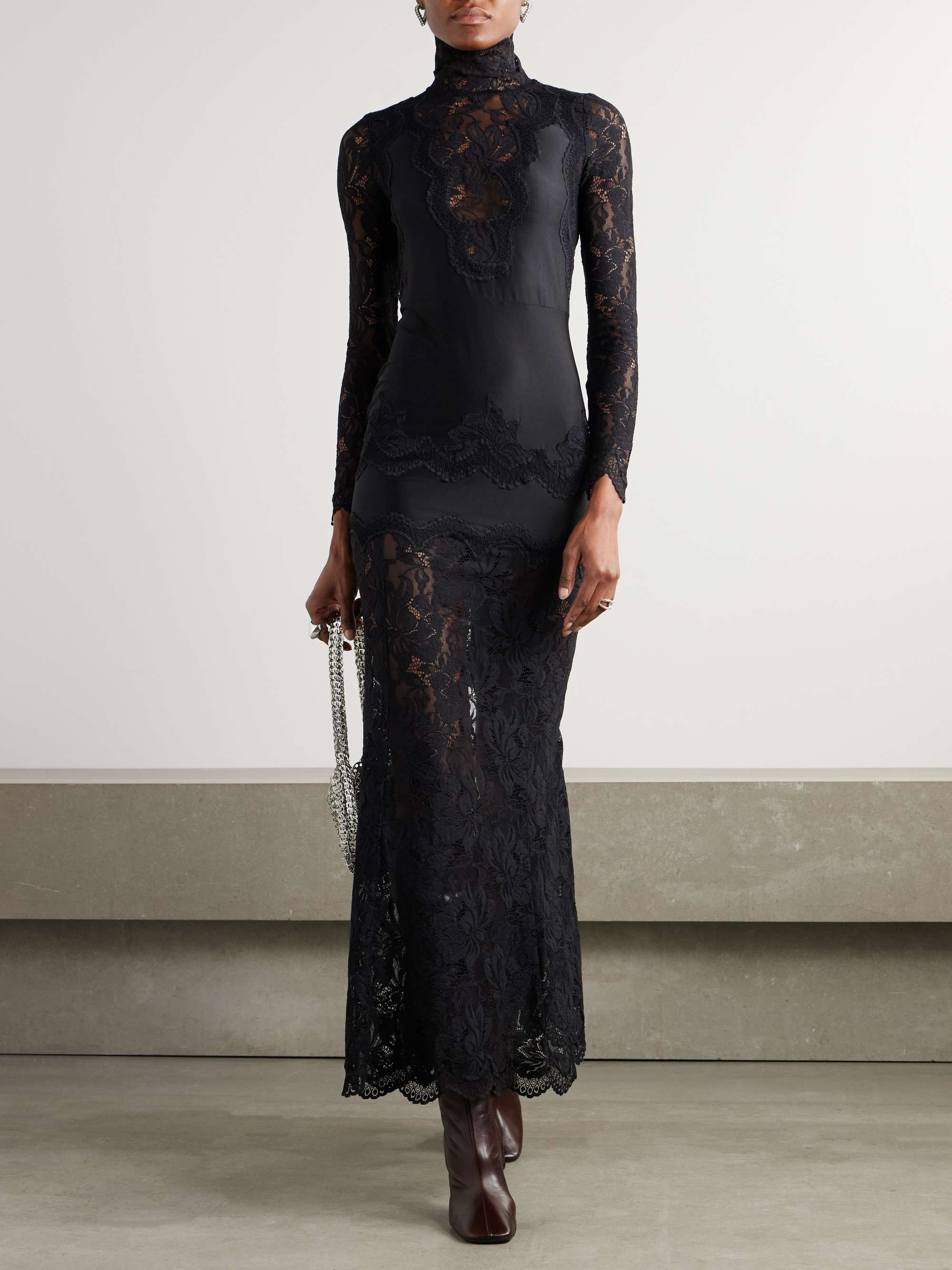 Lace-Trimmed Silk-Satin Maxi Dress