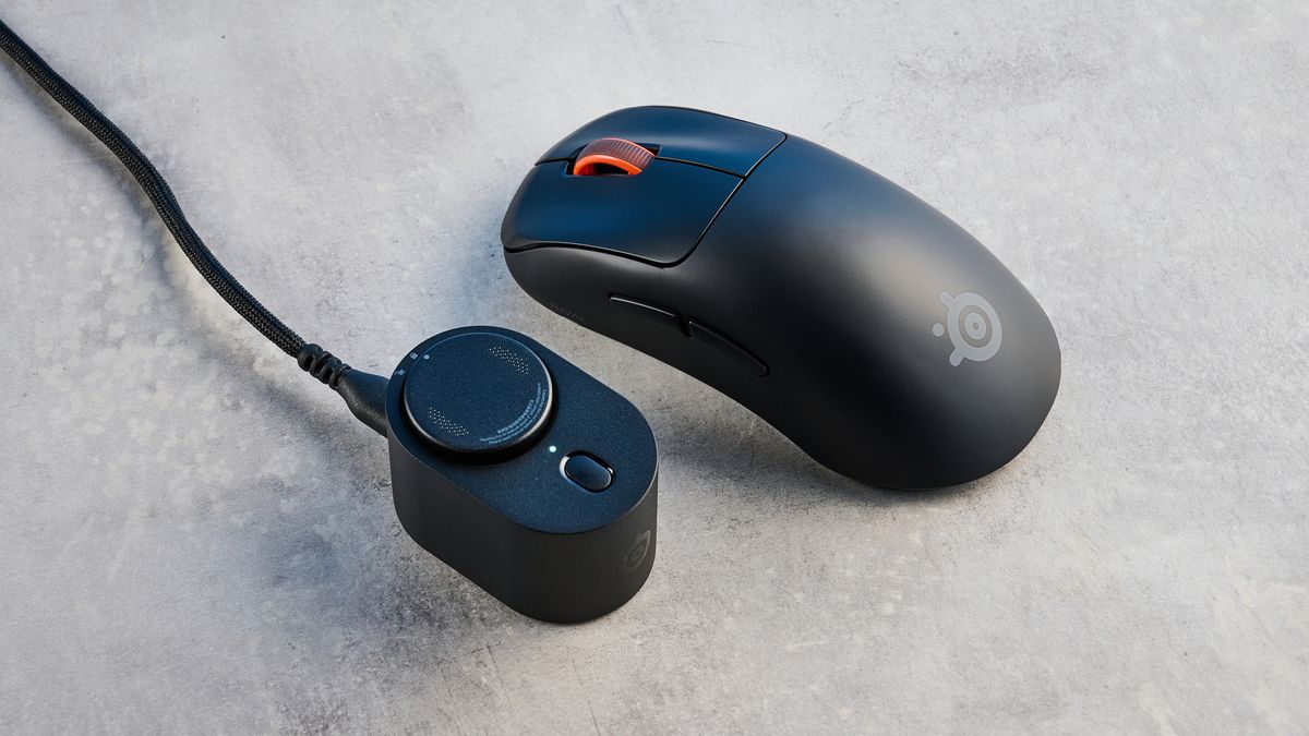 The SteelSeries Rival Pro mouse on a grey stone surface