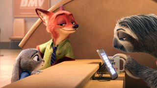 Judy and Nick at a counter with a sloth in Zootpia