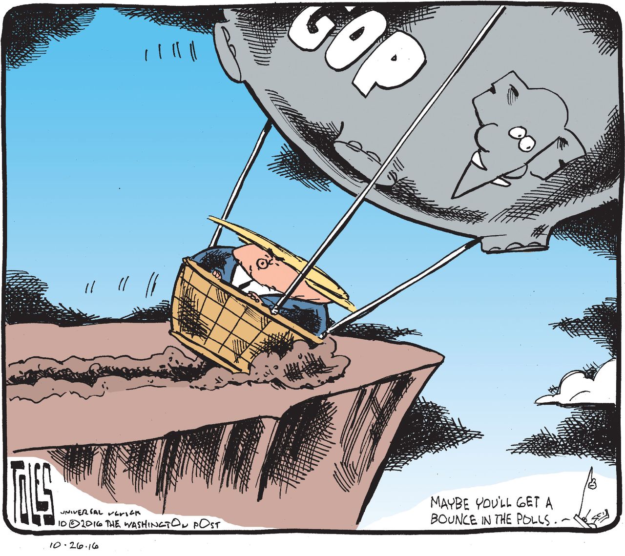 Political cartoon U.S. 2016 election Donald Trump GOP weighed down