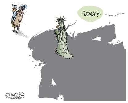 Political Cartoon U.S. Lady Liberty ready for Trump