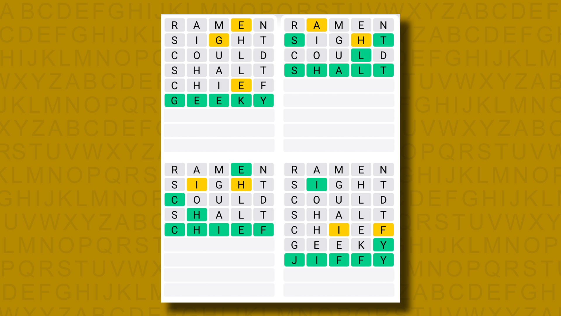 Quordle answers for game 1309 on a yellow background