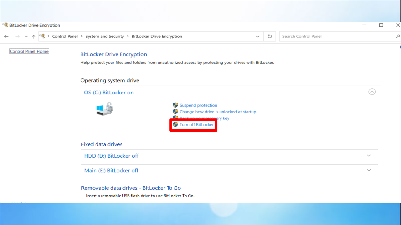 Disabling Bitlocker