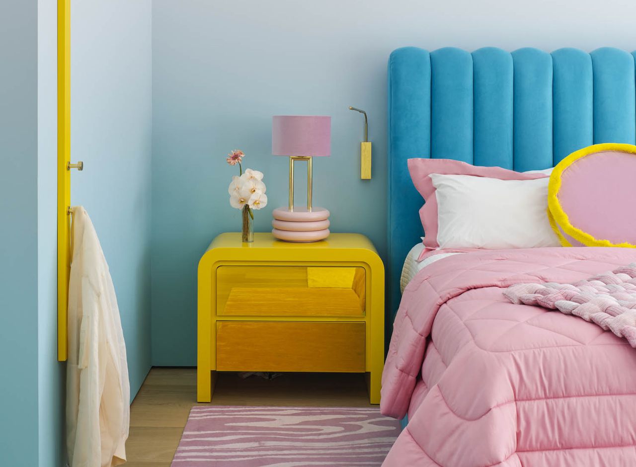 pink, yellow and blue bedroom