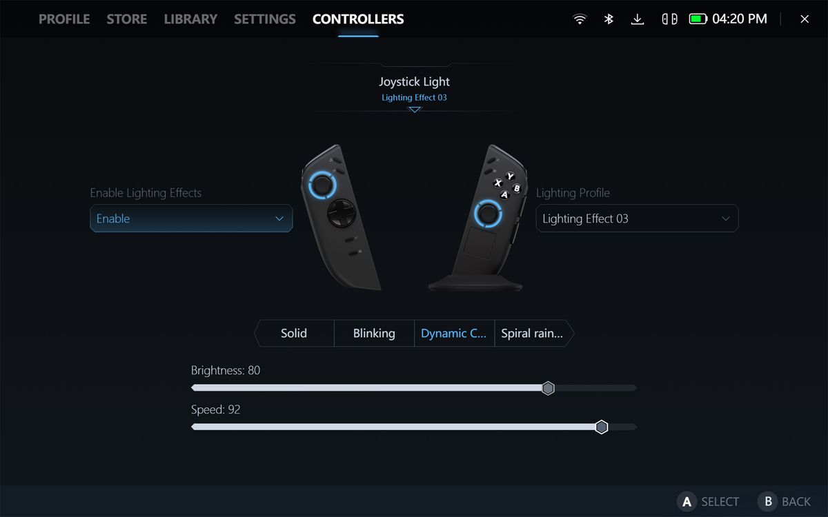 A screenshot of the Legion Space program showing controller RGB settings for brightness and effect speed.