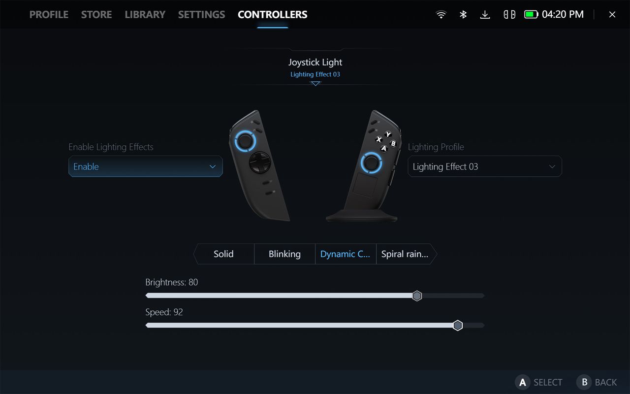 A screenshot of the Legion Space program showing controller RGB settings for brightness and effect speed.
