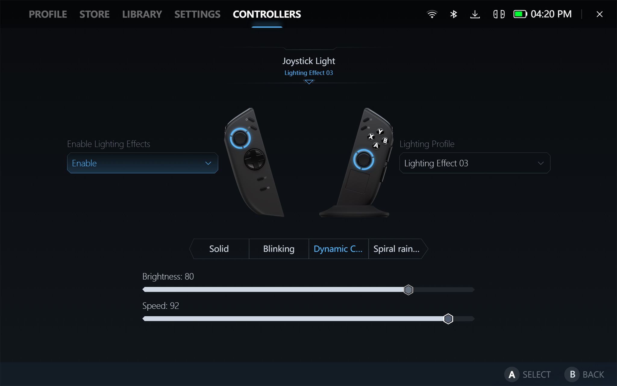 A screenshot of the Legion Space program showing controller RGB settings for brightness and effect speed.