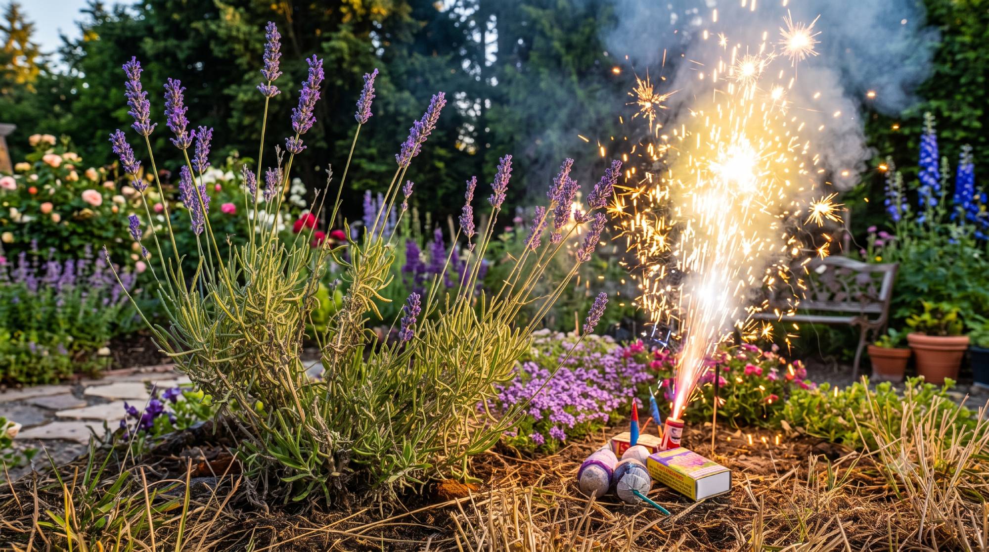 Lit fireworks in a garden next to a lavender plant