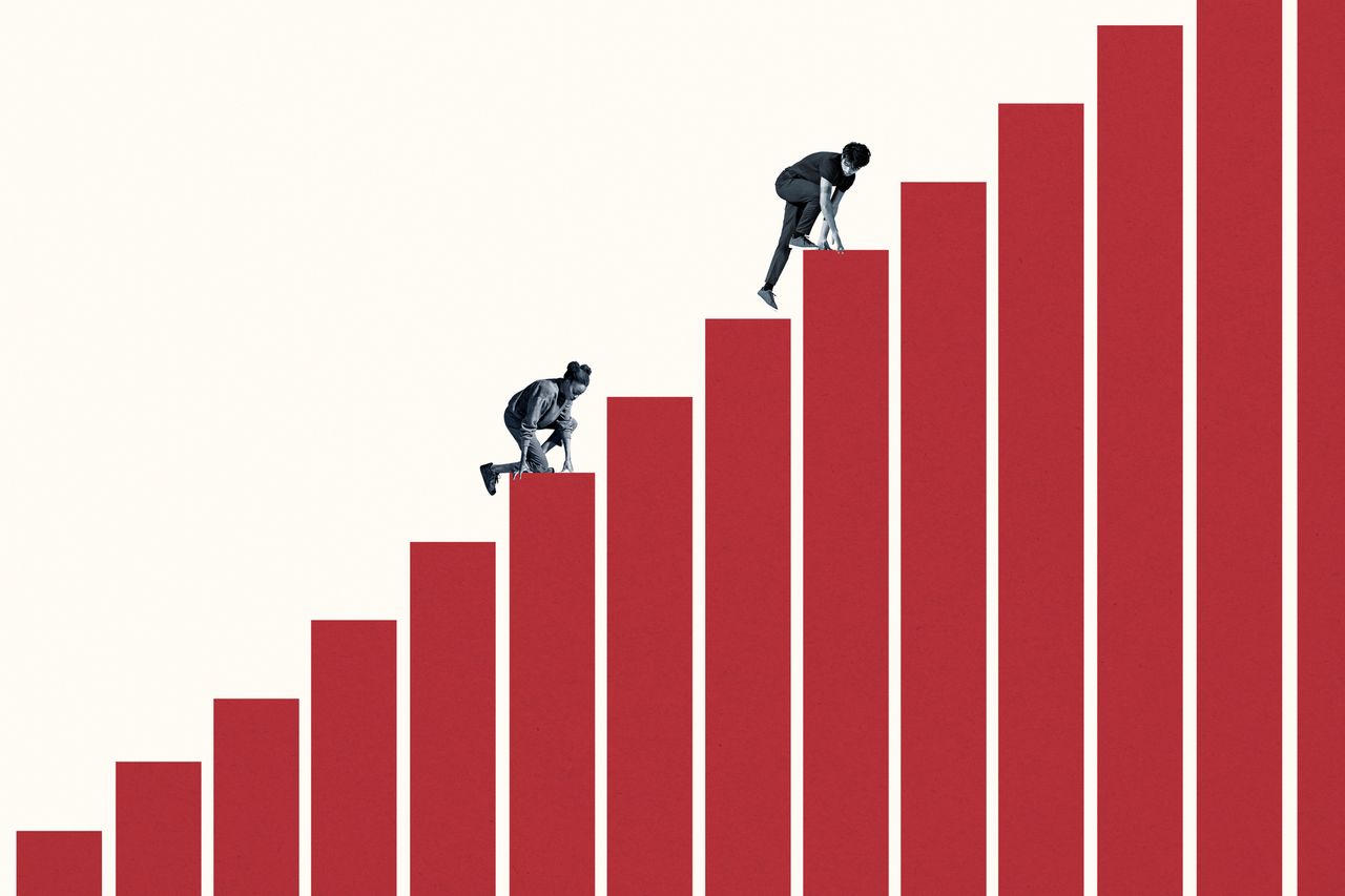 Woman and man climbing red bar graph together against white background