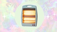 A pastel ombre background with a cut out of a space heater in the center on a pale green circle with sparkles either side. 