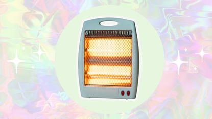 A pastel ombre background with a cut out of a space heater in the center on a pale green circle with sparkles either side. 