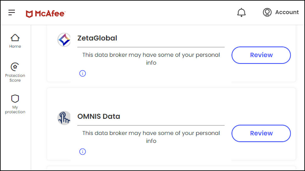 McAfee+ Premium Personal Data Cleanup results found.