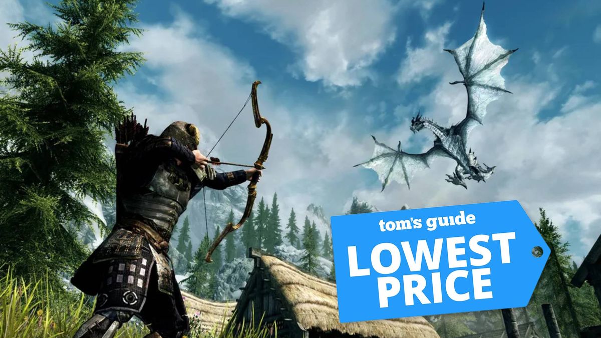 A screenshot from The Elder Scrolls V: Skyrim with a Tom&#039;s Guide deal tag