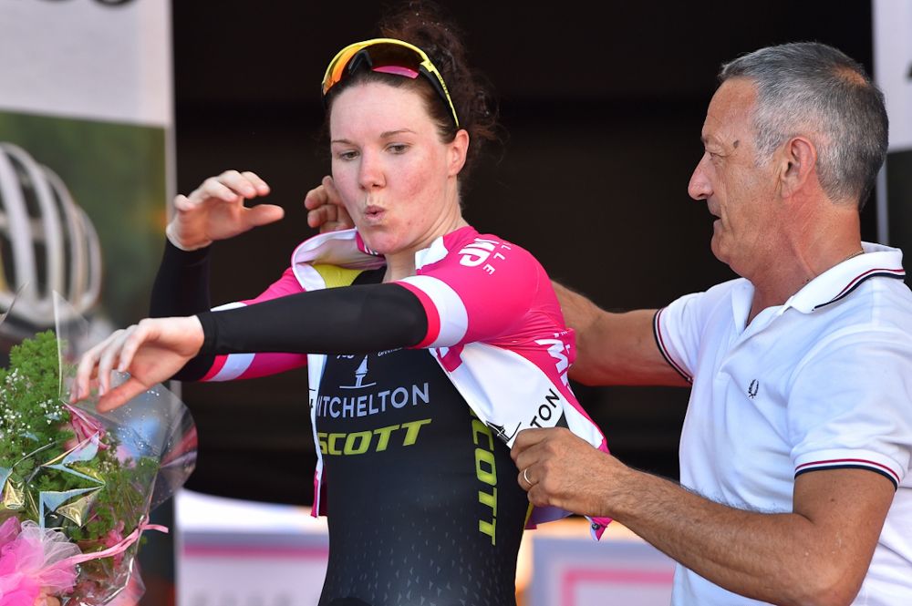 Mitchelton-Scott's Sarah Roy in the points jersey after stage 1 at the Giro Rosa