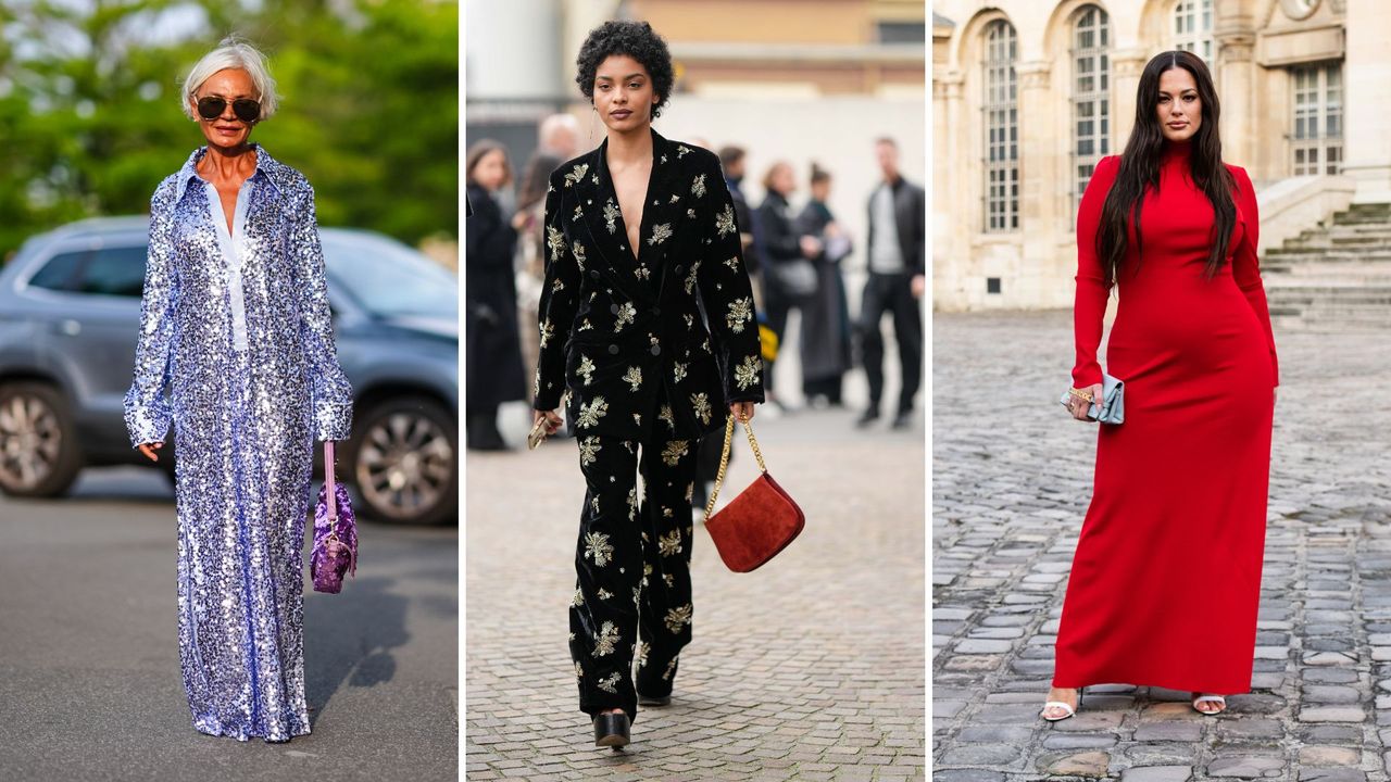 A composite of street style influencers wearing Christmas party outfits - a sequin dress, a party suit and a red dress