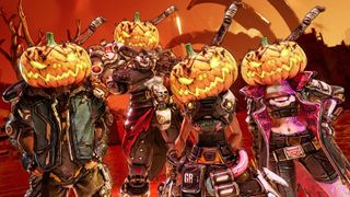 Borderlands 4 Horrors of Kairos: From left to right, Rafa, Amon, Harlowe, and Vex standing shoulder to shoulder wearing the new pumpkin head.