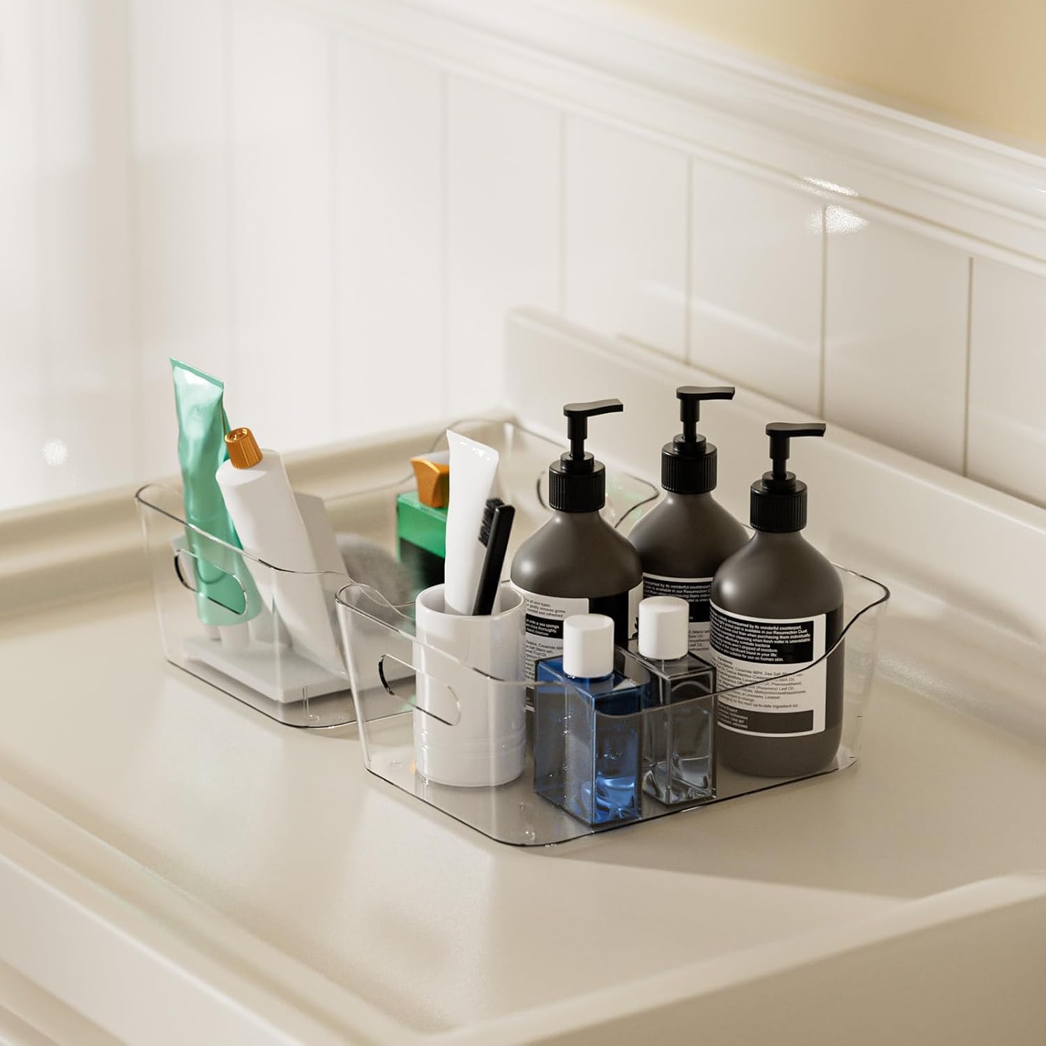 Grace Store 4pcs Storage Organisers Clear Plastic Bathroom Organiser Versatile Kitchen Organiser Tray for Desk, Makeup , Kitchen Pantry Cabinet