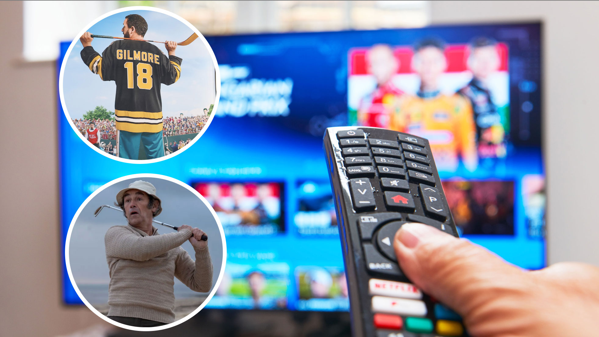 A controller pointing at a TV with inset images of Happy Gilmore and the Phantom of the Open