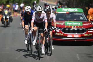 GRANADA SPAIN AUGUST 25 LR David Gaudu of France and Team GroupamaFDJ Jay Vine of Australia and Adam Yates of The United Kingdom and UAE Team Emirates compete in the breakaway during the La Vuelta 79th Tour of Spain 2024 Stage 9 a 1785km stage from Motril to Granada UCIWT on August 25 2024 in Granada Spain Photo by Dario BelingheriGetty Images